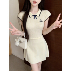 批发实价已保护 蝴蝶结polo领针织短袖<b class='q'>连衣裙</b>女夏季高级感修身短裙