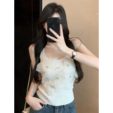 批发实价已保护 法式甜美立体花朵钉珠吊带背心修身露背冰丝无袖上衣