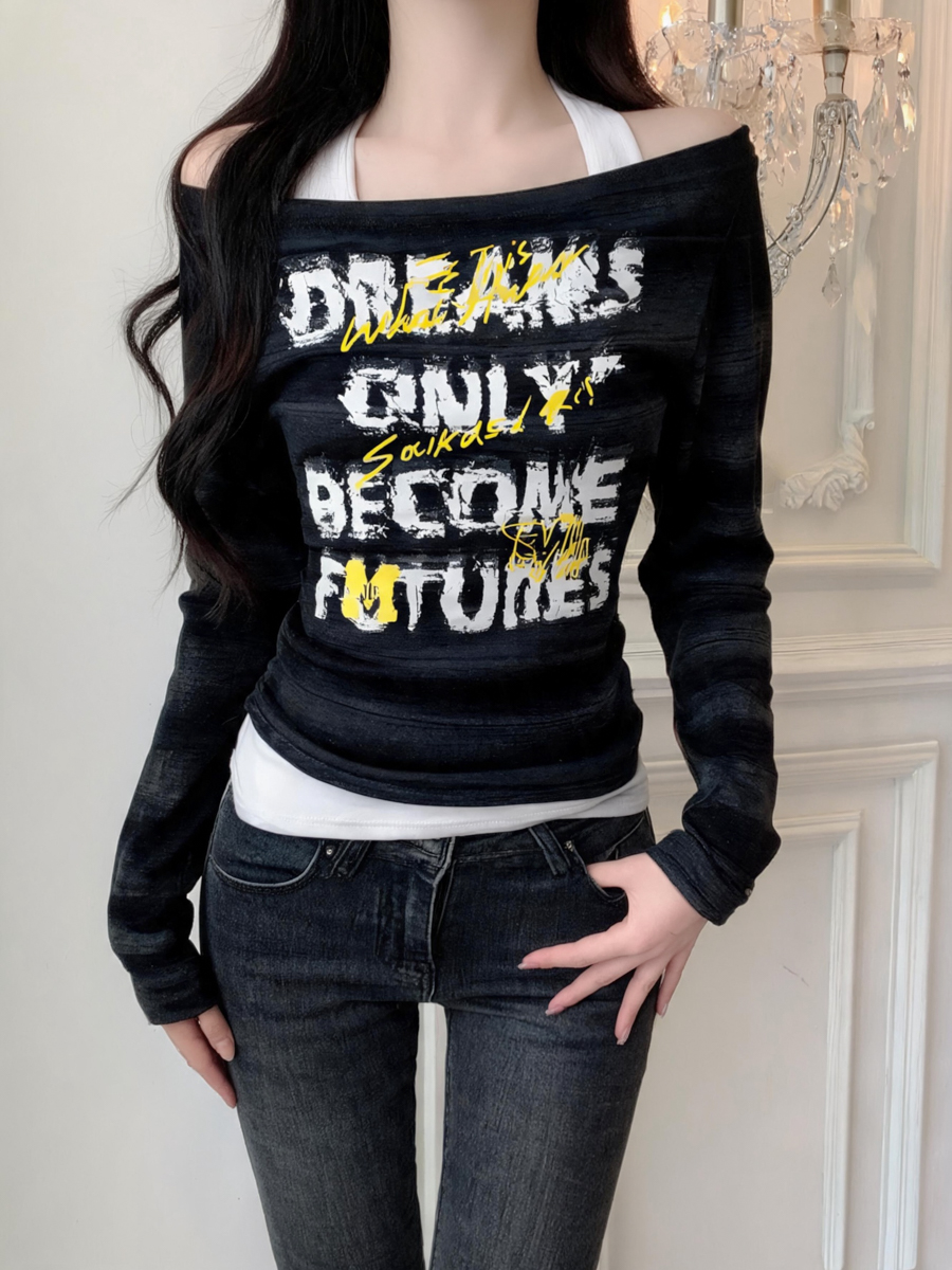 BY30958# 秋季条纹辣妹假两件荡领长袖T恤女复古修身露肩上衣 服裝批發女裝批發服飾貨源