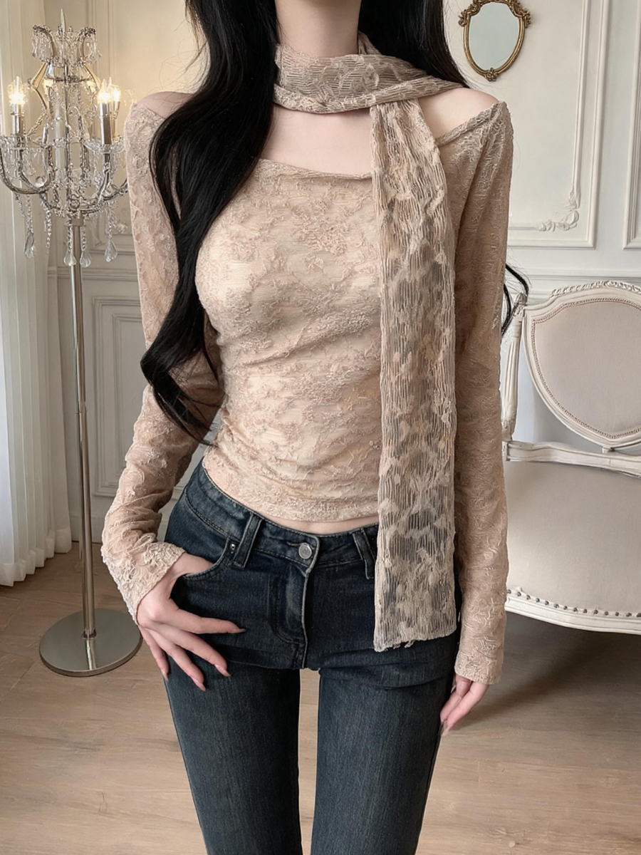 BY30968# 轻氧氛围感飘带斜肩蕾丝t恤女早秋款露肩长袖绝美上衣 服裝批發女裝批發服飾貨源