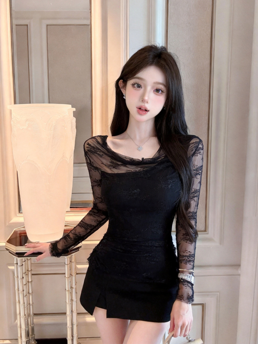 蕾丝拼接露肩长袖T恤女秋季辣妹...