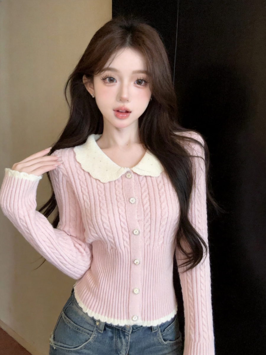 系娃娃领针织衫女秋季甜美减龄麻花修身长袖打底上衣 服裝批發女裝批發服飾貨源