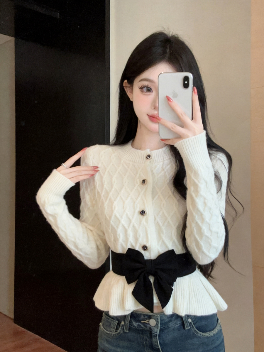 蝴蝶结小香风针织衫女冬季小众设计感荷叶边上衣配腰带 服裝批發女裝批發服飾貨源