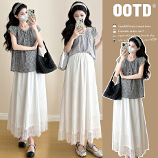 批发实拍2026夏季新款韩版时尚<b class='q'>孕妇</b><b class='q'>格子</b><b class='q'>上衣</b>可开扣+花边<b class='q'>孕妇</b><b class='q'>裙</b>