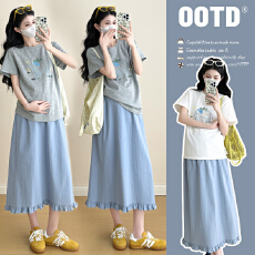 实拍2026夏季孕妇装韩版时尚宽松绣花棉T+孕妇裙