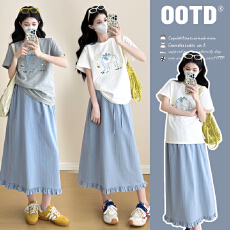 实拍2026夏季孕妇装韩版时尚宽松绣花棉T+孕妇裙