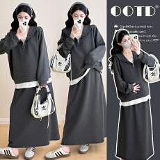 批发实拍2026春款孕妇装新款时尚休闲风假两件上衣+孕妇半身裙套装