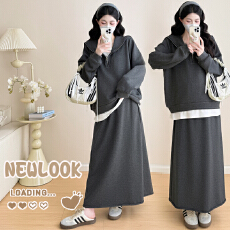 批发实拍2026早春孕妇装新款时尚休闲风假两件上衣+孕妇半身裙套装