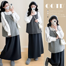 批发实拍2026早春新款韩版时尚宽松孕妇花边打底衫+针织背心+呢子裙