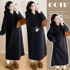 批发实拍现 2025秋冬加绒加厚<b class='q'>韩版</b>时尚宽松中长款连帽孕妇卫衣裙