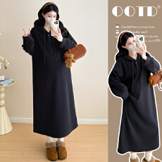 批发实拍现 2025秋冬加绒加厚<b class='q'>韩版</b>时尚宽松中长款连帽孕妇卫衣裙