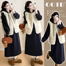 批发实拍现2025秋冬加绒加厚孕妇装韩版<b class='q'>宽松</b>中长<b class='q'>连衣裙</b>+百搭毛毛马甲