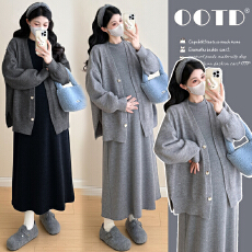 实拍现2025秋冬新款韩版时尚中长款加厚打底连衣裙+开衫孕妇外套