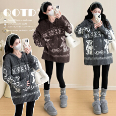 批发实拍现2025秋<b class='q'>冬</b>新款时尚小熊提花工艺套头连帽孕妇中长款毛衣