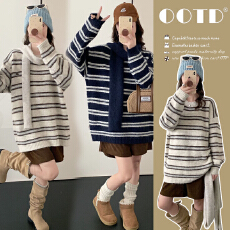 实拍现 2025孕妇装秋冬韩版休闲条纹宽松显瘦中长款针织衫+围脖