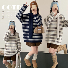 实拍现 2025孕妇装秋冬韩版休闲条纹宽松显瘦中长款针织衫+围脖