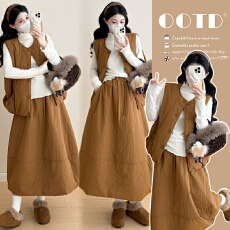 批发实拍现2025秋冬新款韩版时尚秋冬夹棉马甲外套+孕妇夹棉裙套装