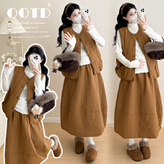 批发实拍现2025秋冬新款韩版时尚秋冬夹棉马甲外套+孕妇夹棉裙套装