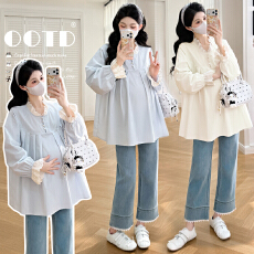 批发实拍现2026<b class='q'>春</b>季新款韩版时尚绣花工艺花边拼接孕妇中长款上衣