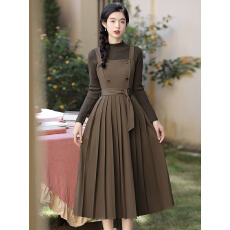 批发有货直接拿双排扣百褶背心<b class='q'>连衣裙</b>复古小个子收腰显瘦长款裙子