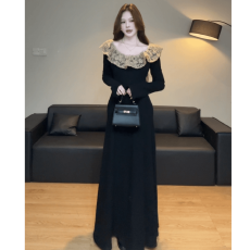 批发有货直接拿法式<b class='q'>赫本</b><b class='q'>风</b>黑色长袖针织连衣裙 2025秋冬蕾丝拼接长裙