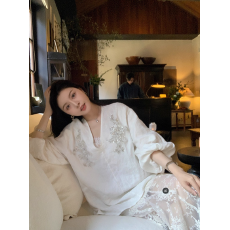 批发有货直接拿长期主义 钉珠刺绣100纯<b class='q'>亚麻</b>长袖防晒衬衫蕾丝半身裙女