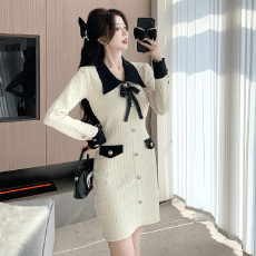 批发有货直接拿法式气质时尚翻领<b class='q'>蝴蝶结</b>长袖针织<b class='q'>连衣裙</b>小香风赫本风女