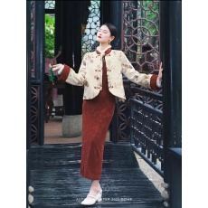 批发有货直接拿新中式粉毛条<b class='q'>提花</b>长袖<b class='q'>连衣裙</b>复古改良旗袍裙