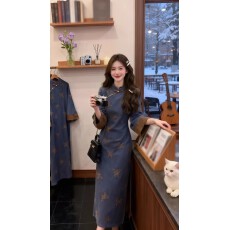 批发有货直接拿复古国风新中式蓝色<b class='q'>改良</b><b class='q'>旗袍</b>裙