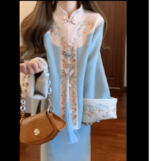 批发有货直接拿时尚复古新中式国风毛衣大衣外套搭高腰<b class='q'>半身</b>裙套装女