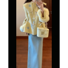 批发有货直接拿新款新中式千金毛毛袖重工外套高腰包臀<b class='q'>半身</b>裙