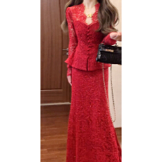 批发红烛红色蕾丝订婚<b class='q'>礼服</b>裙结婚便装新娘<b class='q'>敬酒</b>服半裙套装