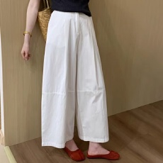 批发高腰白色休闲阔腿裤女春夏新款洗水棉梨形身材弯刀哈伦<b class='q'>九分</b>裤子女