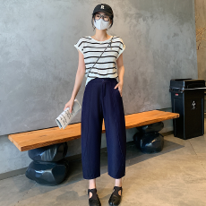 批发深蓝色<b class='q'>哈伦</b>天丝<b class='q'>牛仔</b>裤女春夏新款梨形身材高腰宽松显瘦九分阔腿裤