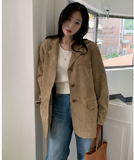 ins 프랑스식 레트로 품격 정장 칼라 싱글 줄 버튼 더블 주머니 아름다움 라드. 색상 시스템 블레이저