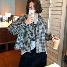 批发秋上新 复古休闲百搭格纹立领廓形<b class='q'>夹克</b>外套<b class='q'>女</b>春秋洋气小个子上衣