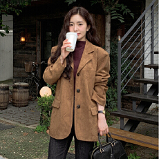 批发韩国chic秋<b class='q'>冬</b>复古美拉德西装领仿鹿皮绒宽松休闲百搭款长袖外套女