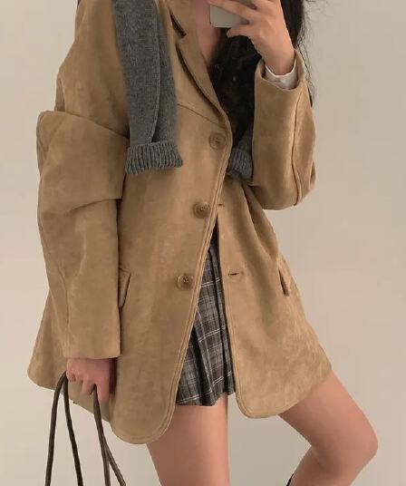 한국 chic 가을 새로운 레트로 품격 더블 주머니 아름다움 라드. 색상 시스템 루즈핏 다용도 긴팔 블레이저