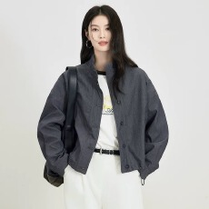 批发新款2026年气质立领工装短外套女春秋抽绳宽松休闲夹克上衣简约潮