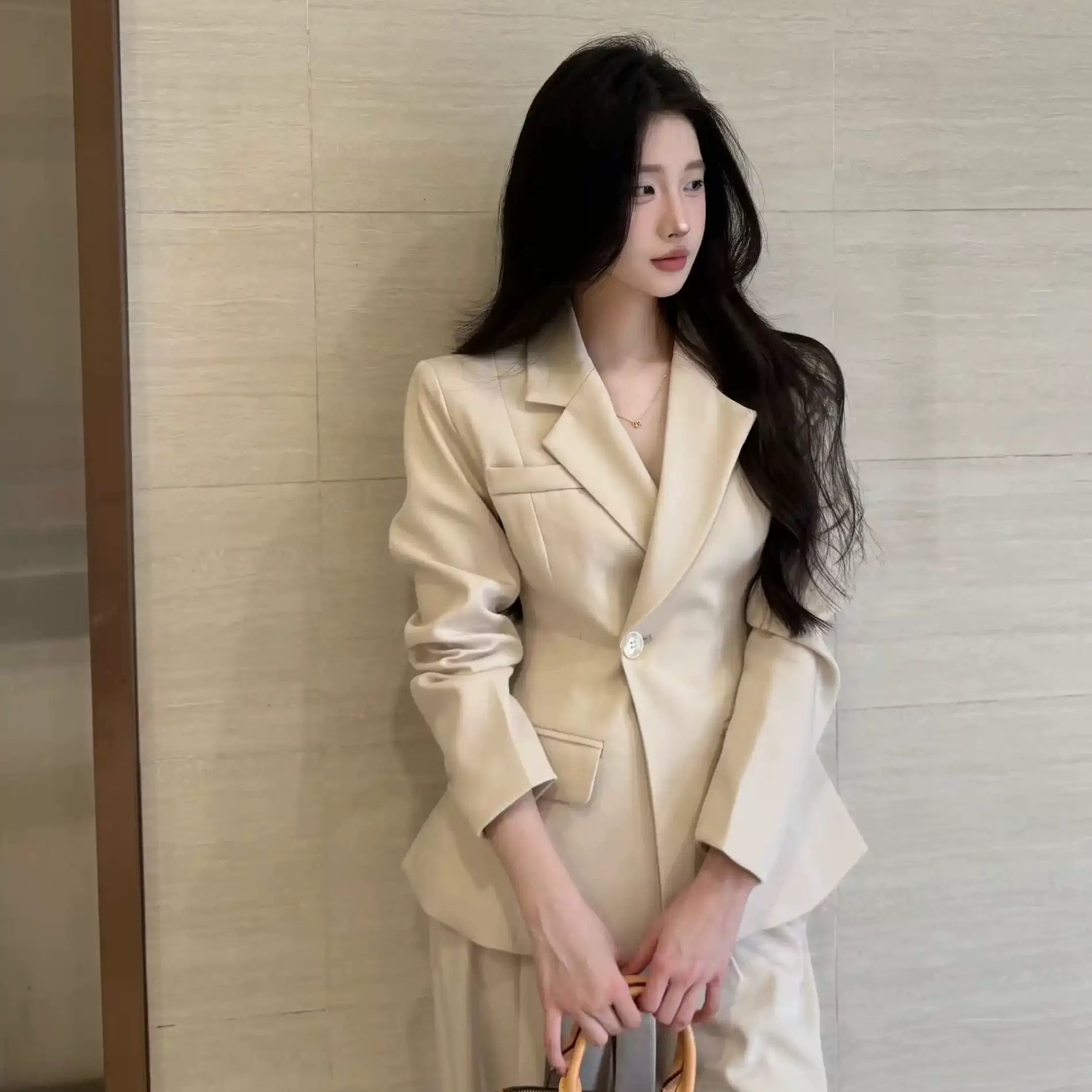 고급 센스 허리 수축 작은 양복 여성 봄 가을 새로운 한 부서 출퇴근 슬림해 보이는 디자인 센스 정장 와이드 레그 팬츠 투피스 세트