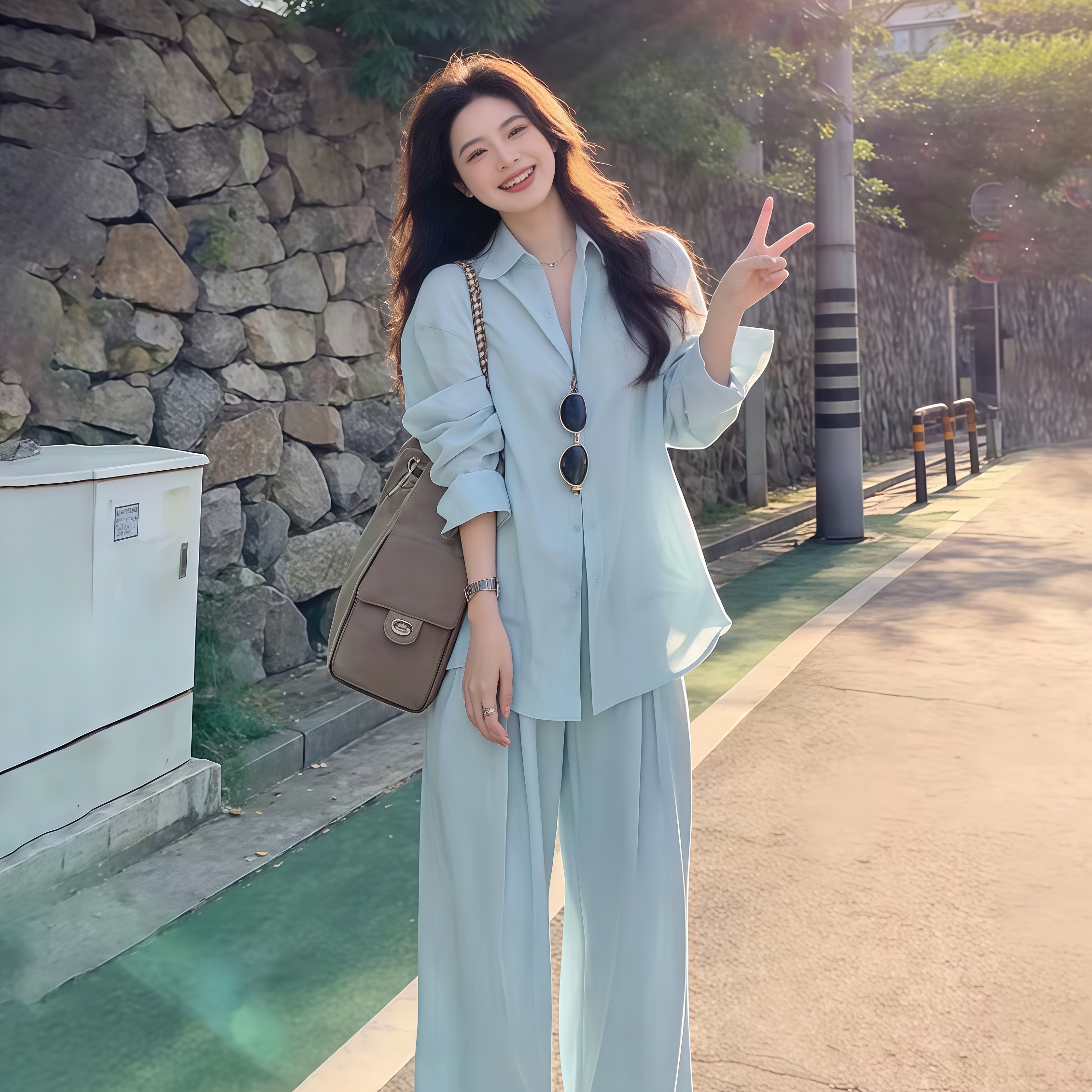 패션 캐주얼 미니멀리즘 출퇴근 빛 요리 한 숙련 된 품격 고급 센스 셔츠 출퇴근 다용도 느긋한 바람 와이드 레그 팬츠