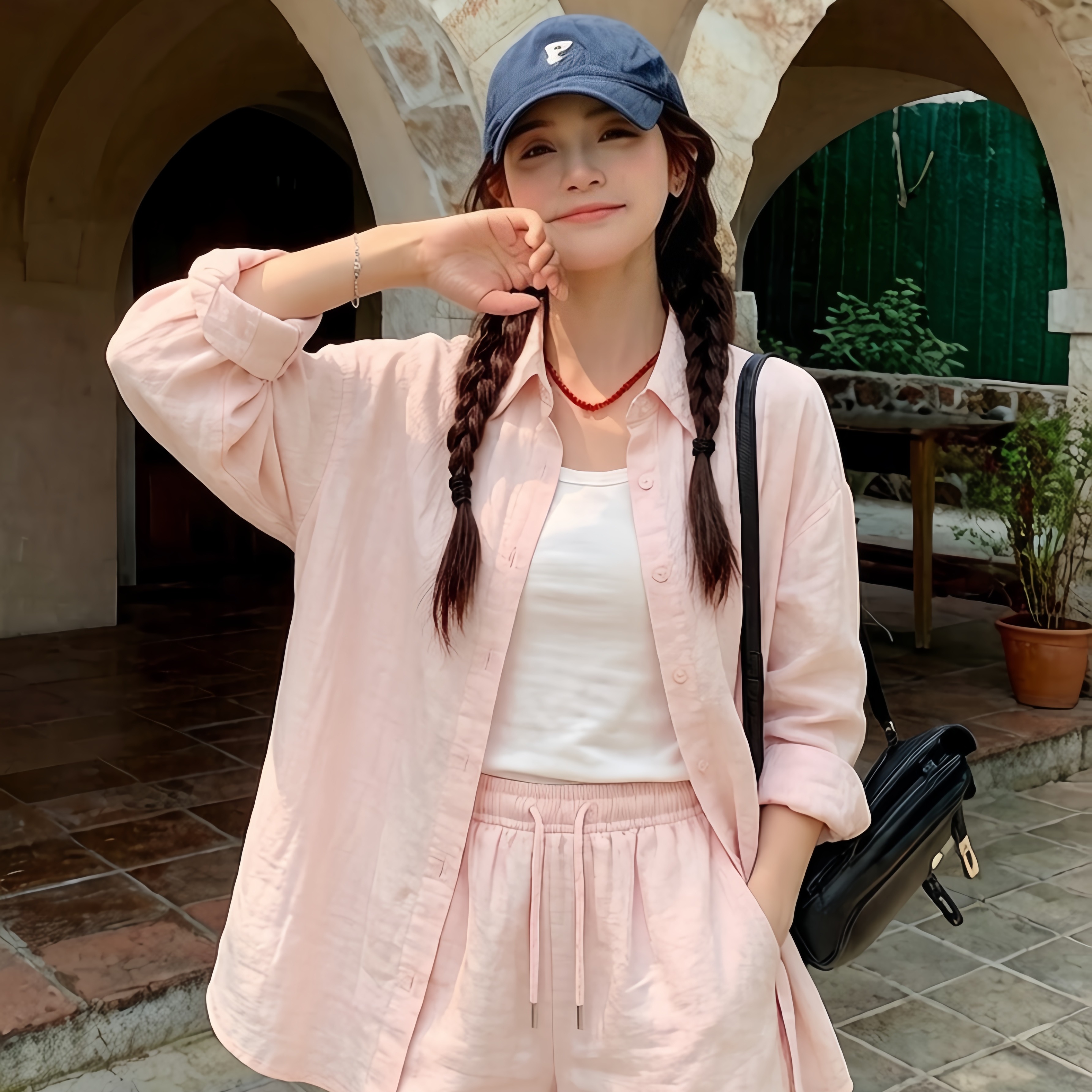 2026 새로운 봄 여름 출퇴근 여행 세트 가져 오기 핑크색 셔츠 반바지 세트 통기성 다시 상쾌