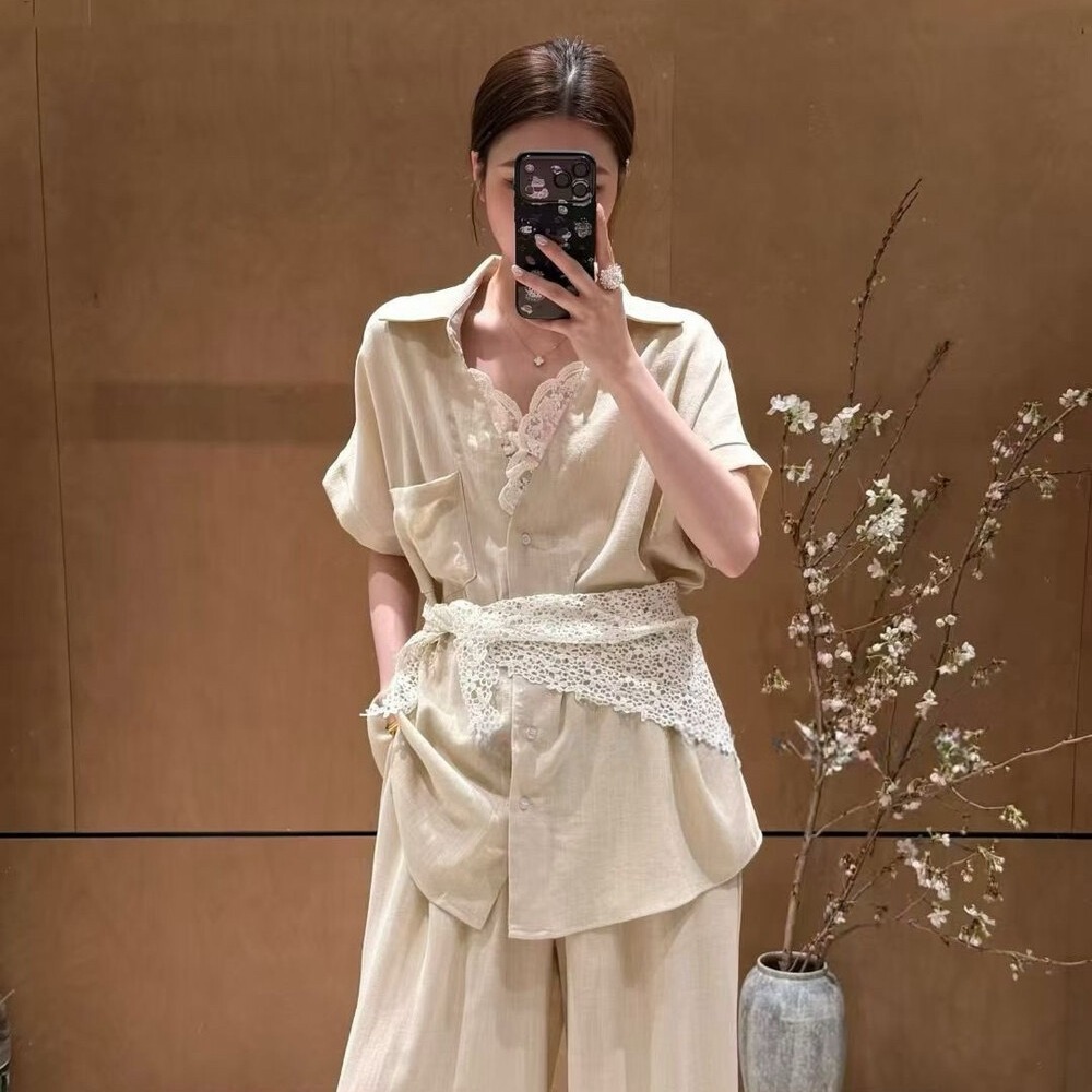 RY3733# 26夏上新! 单排扣时尚显瘦衬衫+百搭松紧腰阔腿休闲裤三件...
