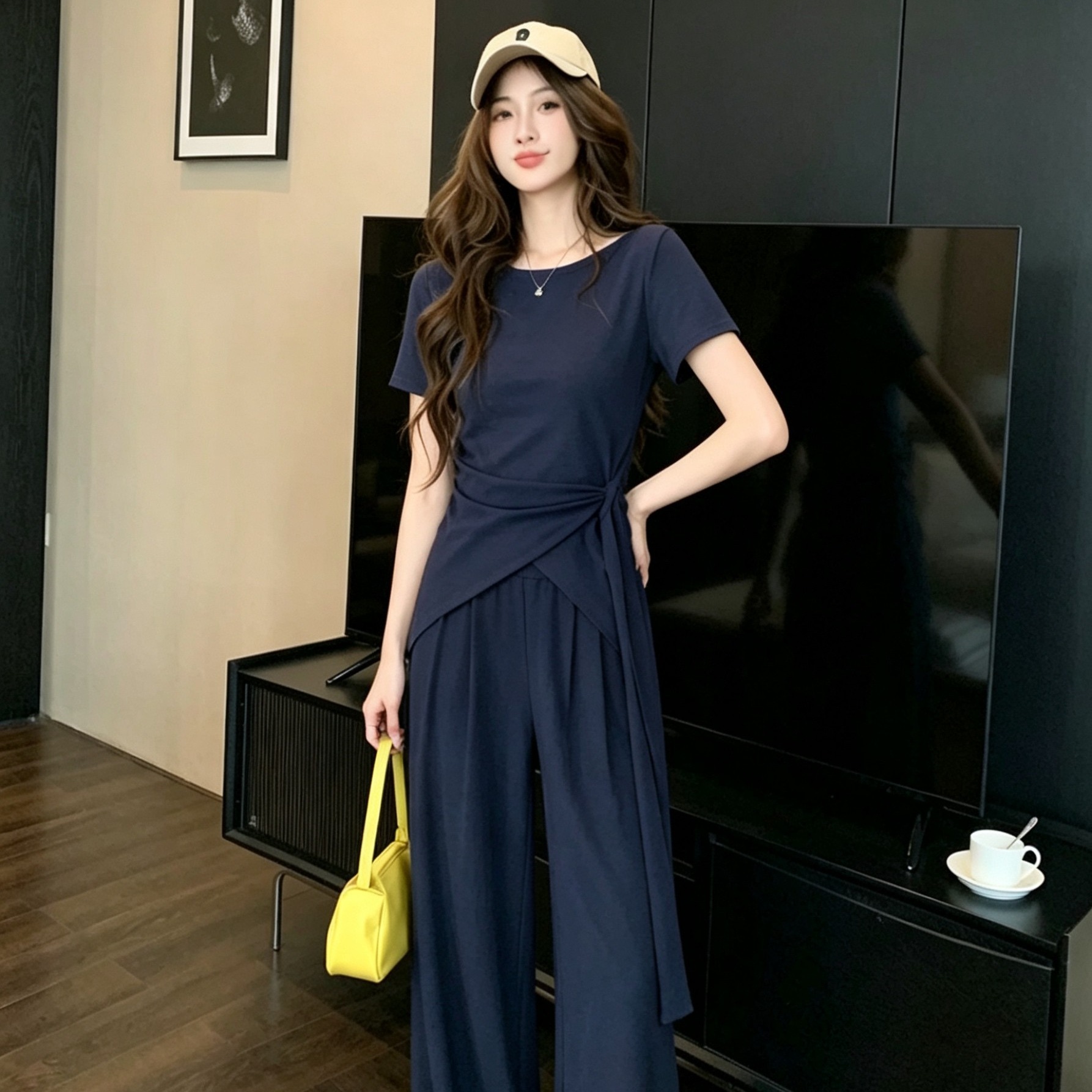 RY3736# 2026夏季新款设计不规则显瘦短袖上衣女高腰休闲阔腿裤两件套套装