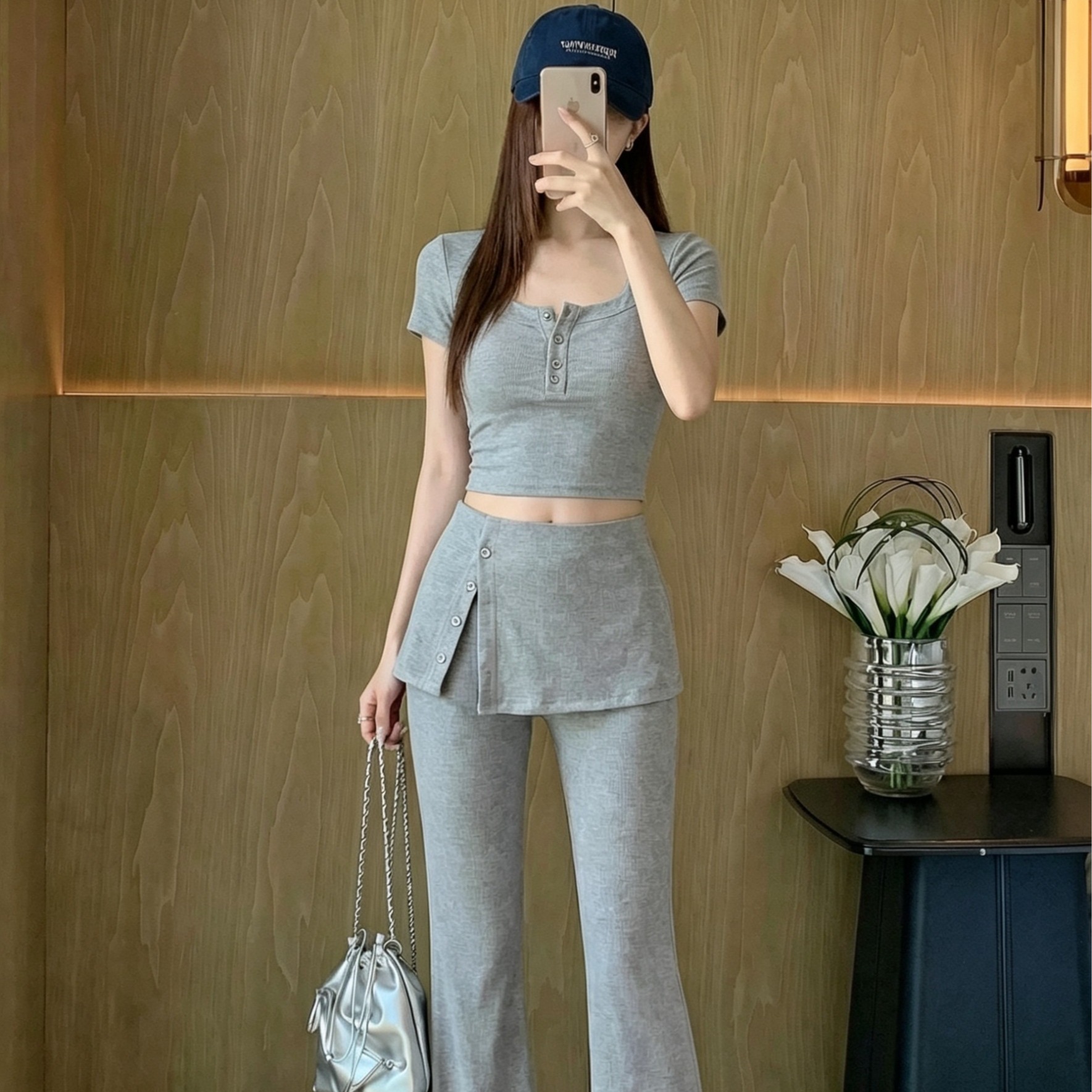 RY3735# 夏季新款韩系收腰开叉上衣休闲高腰假两件微喇裤女显瘦时尚套装潮