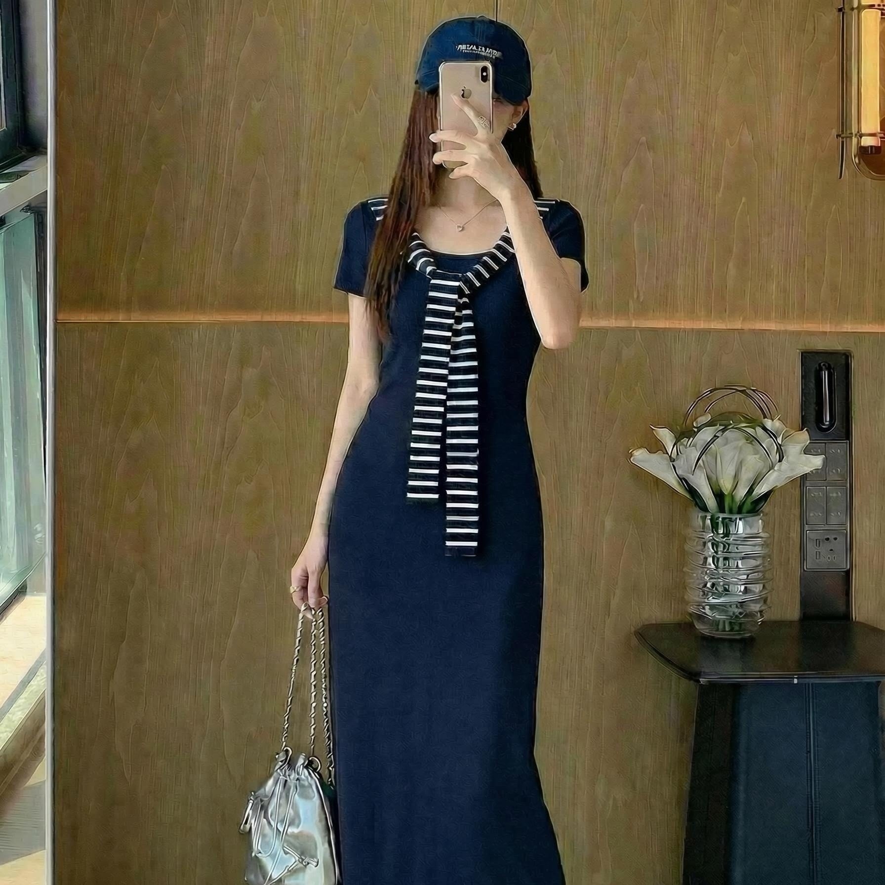 RY3734# 2026夏季新款圆领条纹披肩假两件显瘦收腰简约纯欲辣妹连衣...