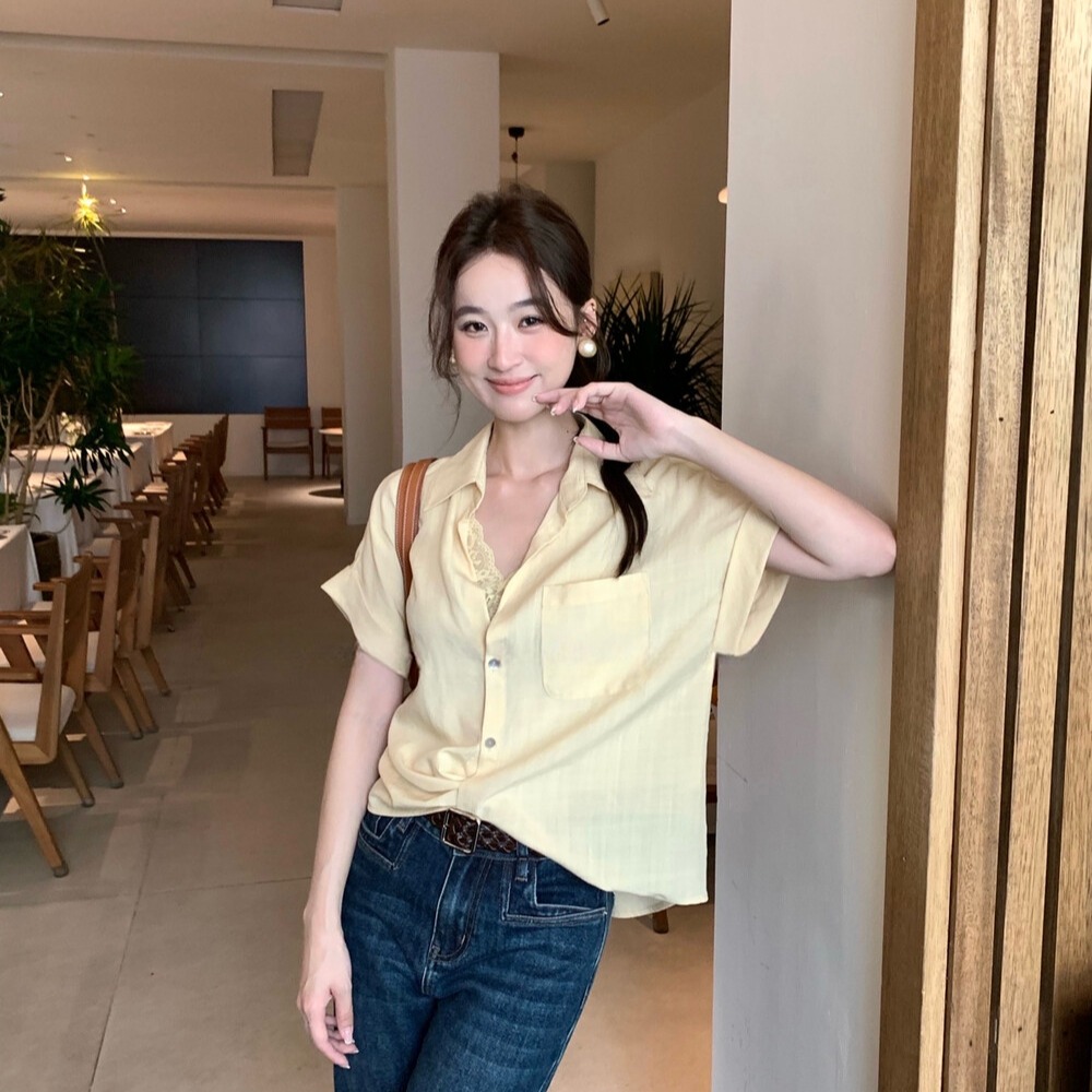 고급 센스 레이스 조각 프랑스식 페이크 레이어드 반팔 셔츠 디자인 센스 패션 미니멀리즘 여름 새로운 맨위 여성