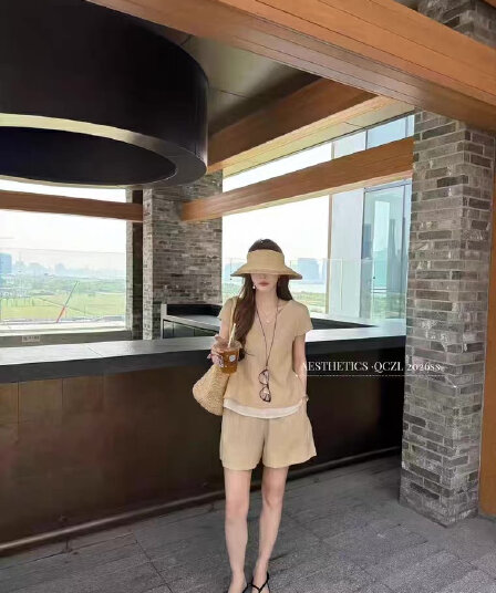 한국 스타일 반팔 거품 소매 망사 패치워크 셔츠 셔츠 반바지 투피스 슈트 배색 달콤함 작은 키