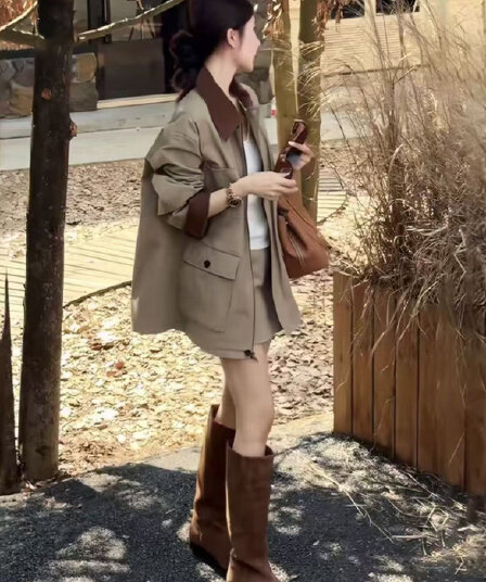 한 부서 캐주얼 워크웨어 세트 드레스 여성 2026 봄 가을 배색 폴로 칼라 재킷 재킷 반신 치마 투피스 슈트