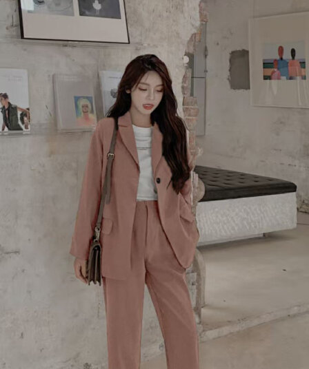녹 빨간색 고급 센스 정장 세트 여성 한 부서 작은 정장 2026 가을 새로운 하이웨이스트 와이드 레그 팬츠 두 조각